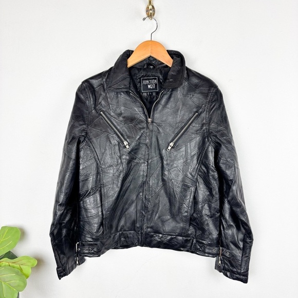 Vintage Jackets & Blazers - Vintage Junction West Women’s Black Patchwork Leather Jacket Sz L